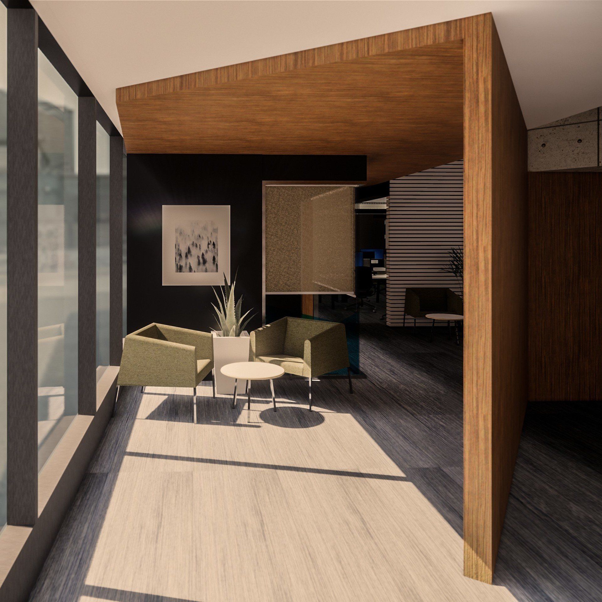 Impresión de un artista de una sala de estar con sillas y una mesa.