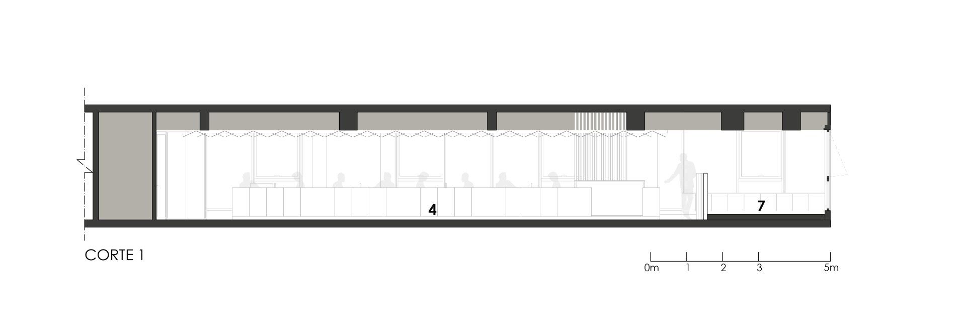 Un plano en blanco y negro de un edificio sobre un fondo blanco.