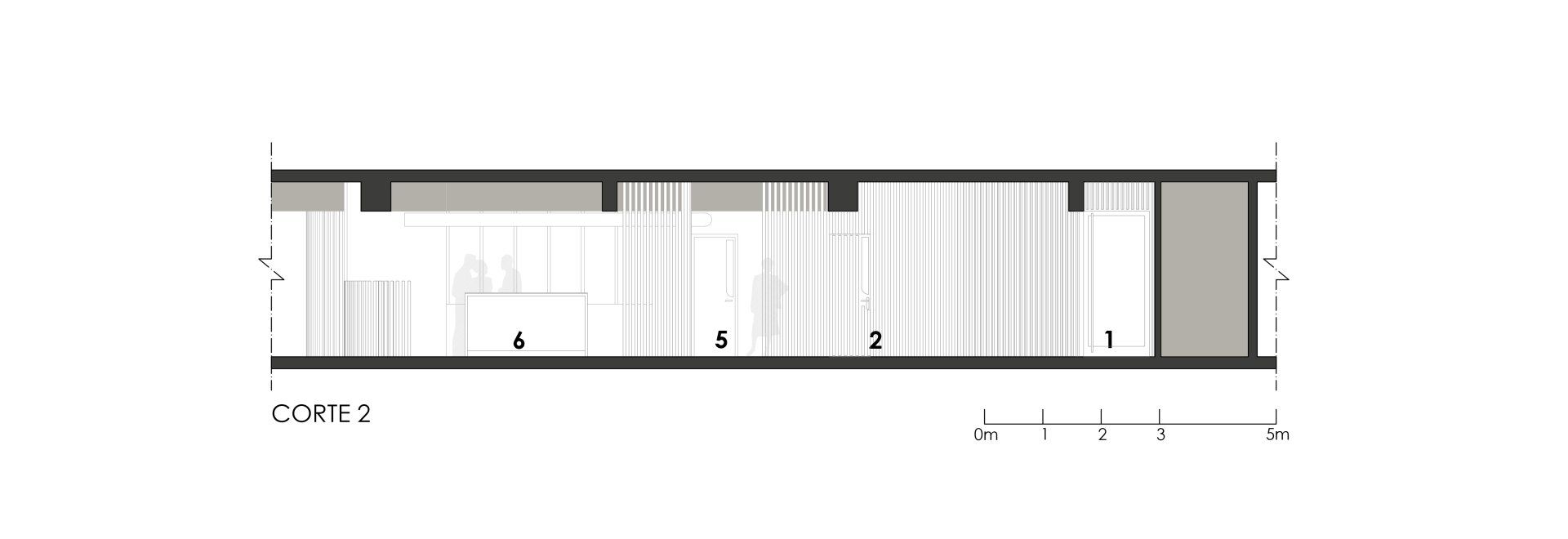Un dibujo en blanco y negro de una sección de un edificio sobre un fondo blanco.