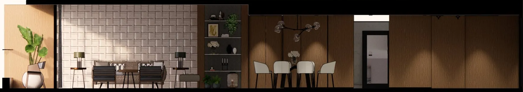 Una representación 3D de un comedor con mesa y sillas.