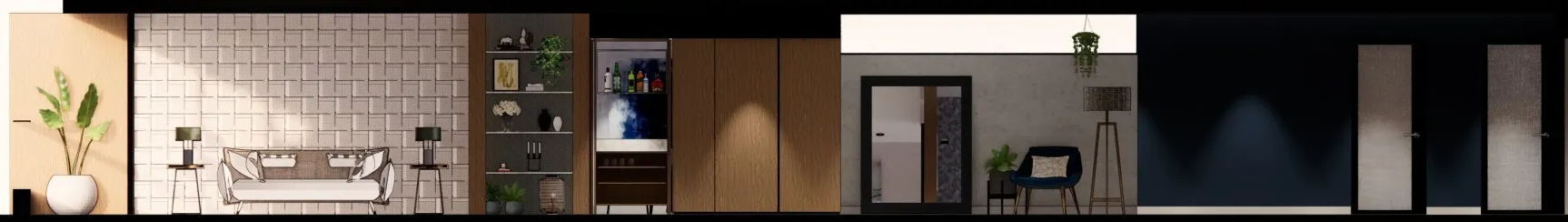 Una sección de una casa con sala, comedor y cocina.