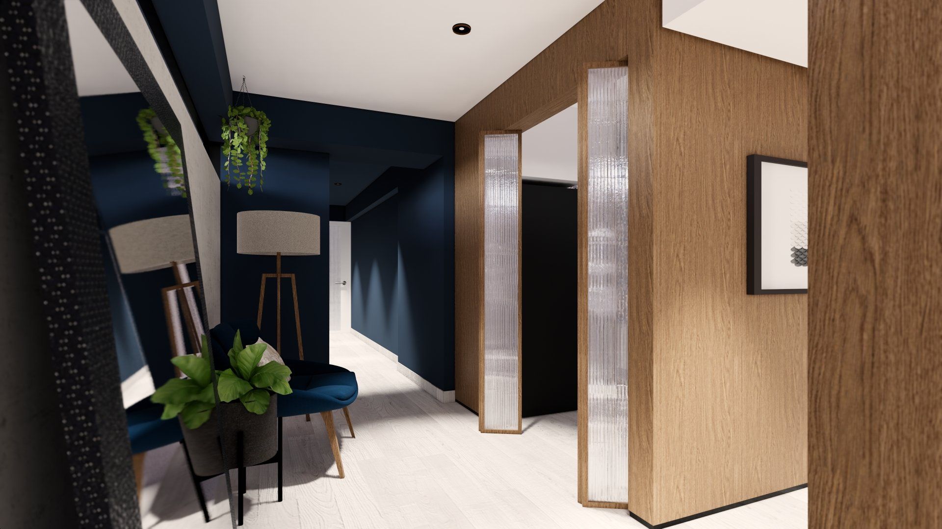 Una impresión artística de un pasillo de una casa.