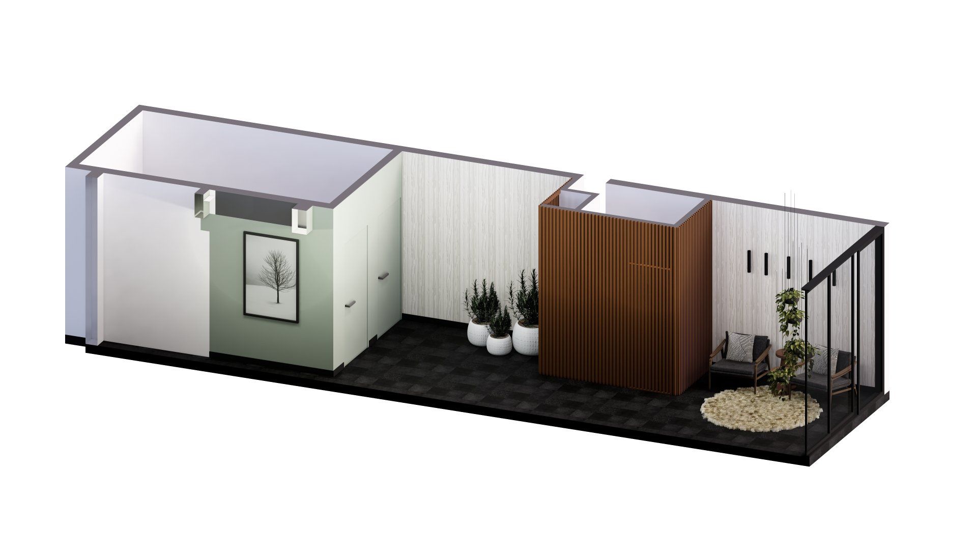 Un modelo 3D de una habitación con balcón y plantas.