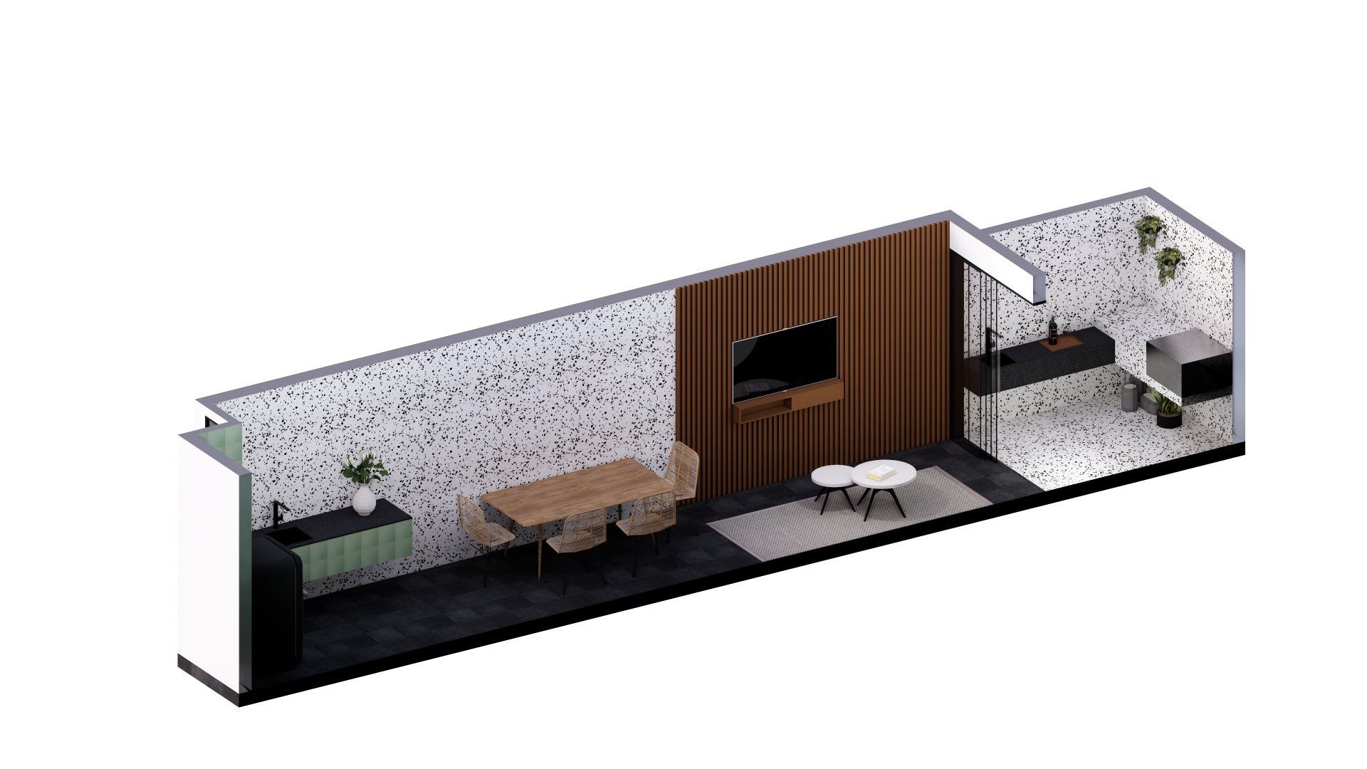 Un modelo 3D de una sala de estar con una mesa y sillas.