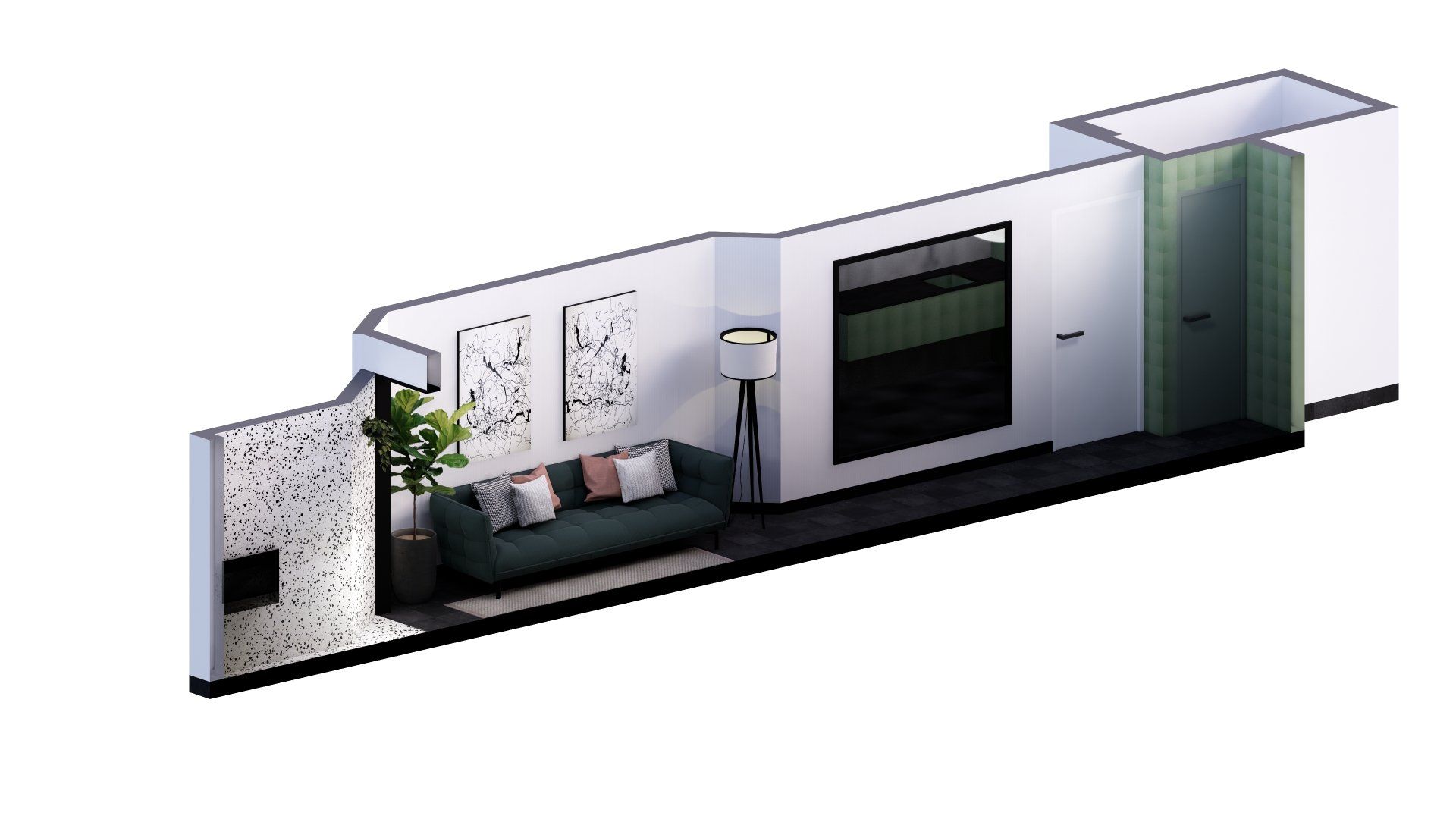 Una vista isométrica de una sala de estar con un sofá y una chimenea.