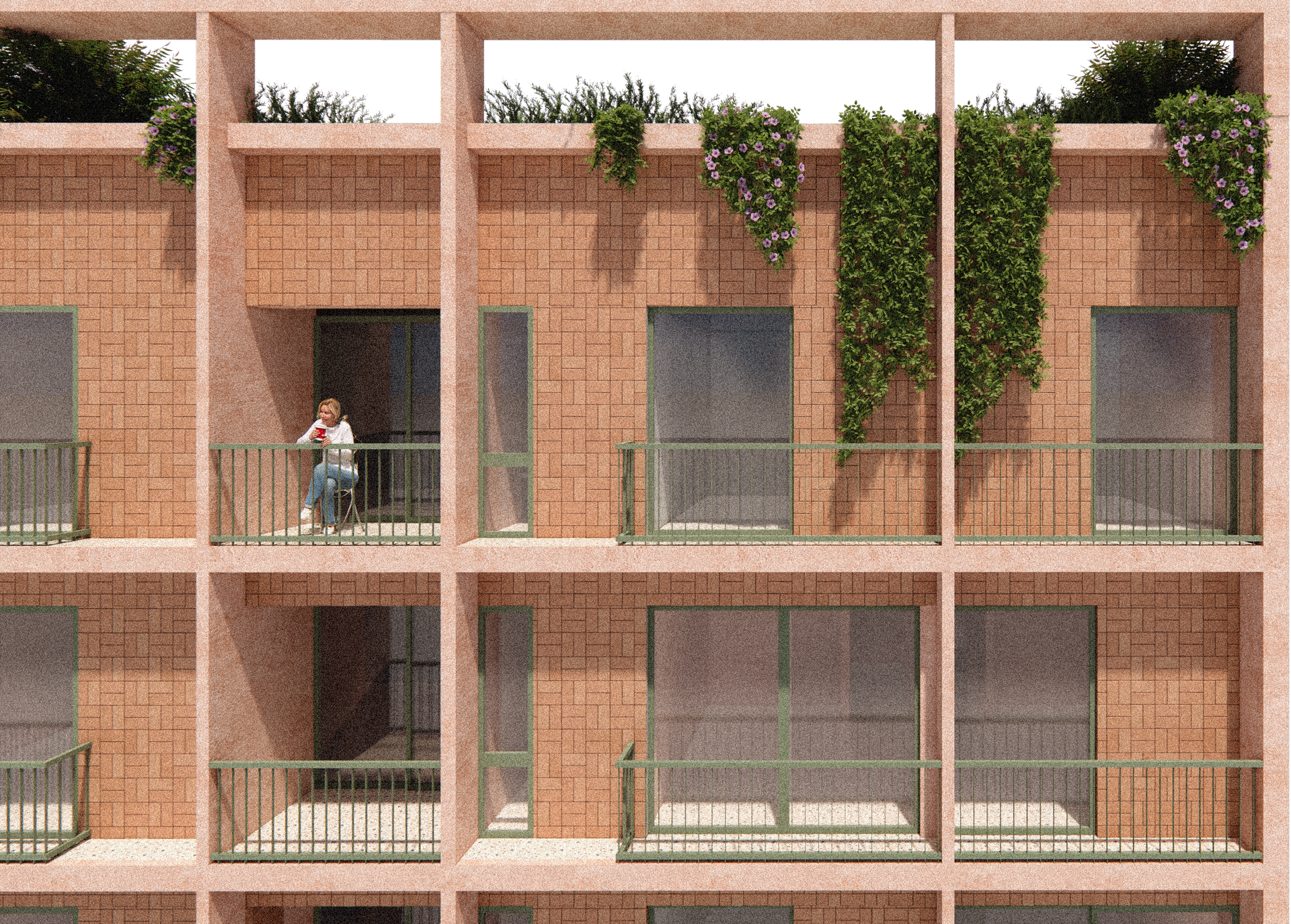 Un hombre está sentado en el balcón de un edificio.