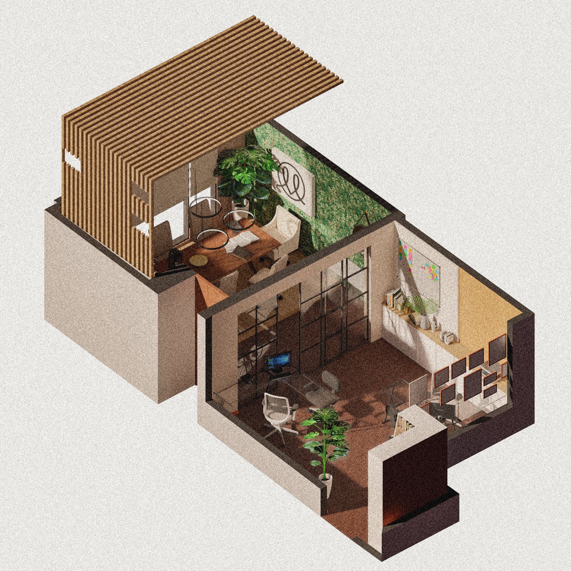 Una vista isométrica de una casa con balcón.