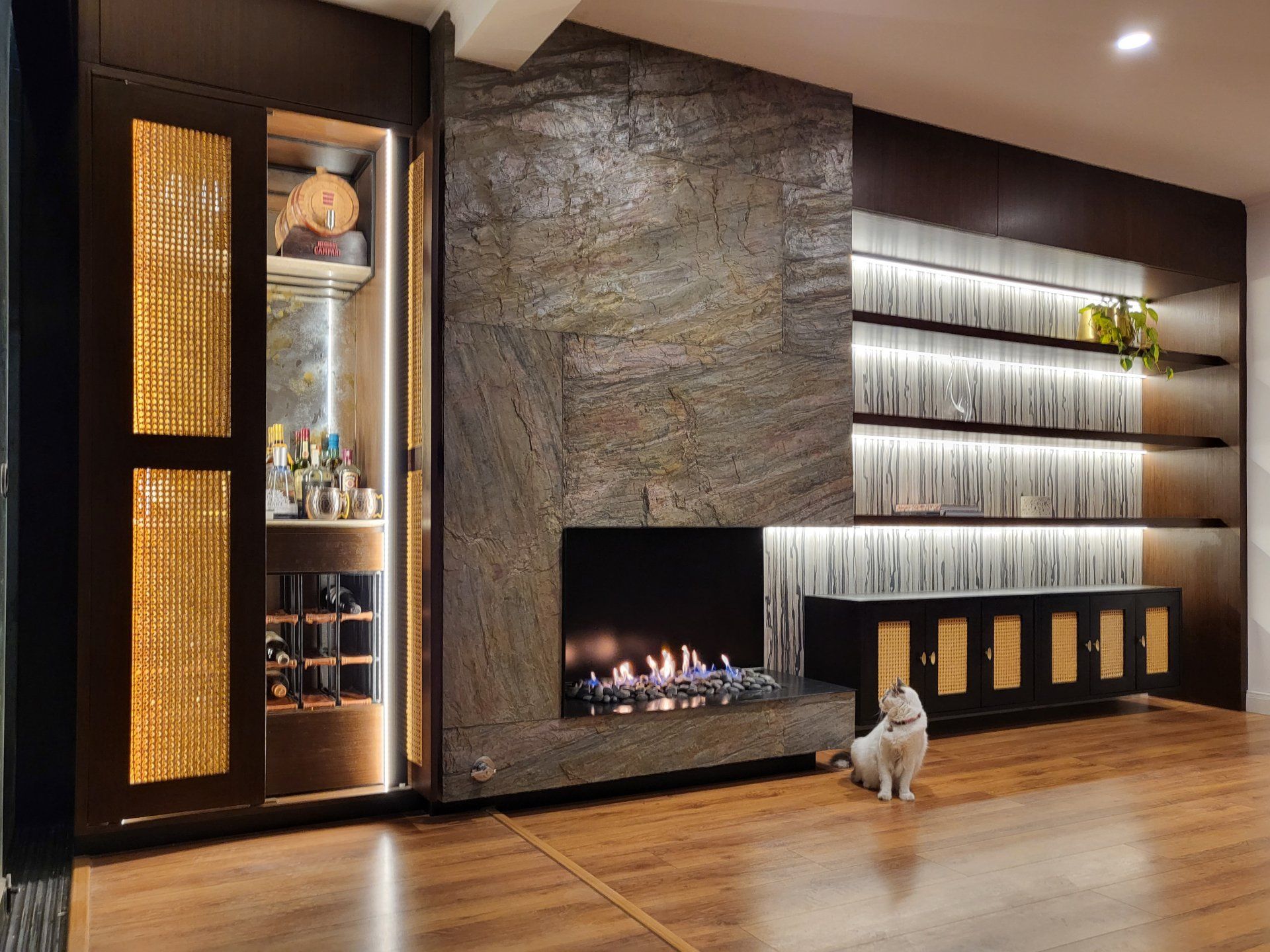 Una sala de estar con chimenea y un perro sentado en el suelo.