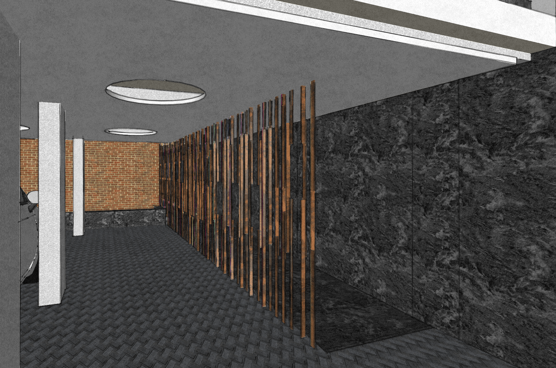 Una imagen generada por computadora de un pasillo con un divisor de madera.