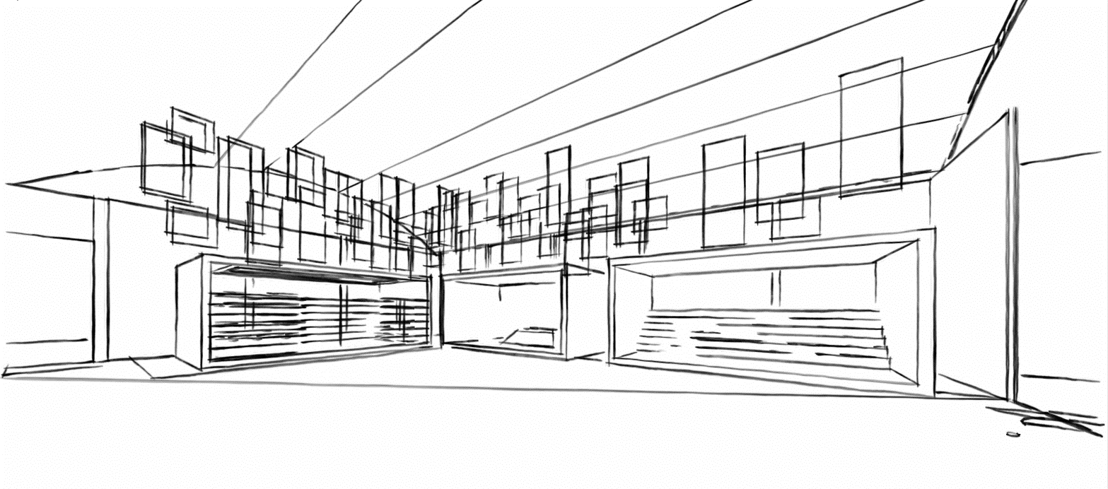 Es un dibujo en blanco y negro de un edificio.