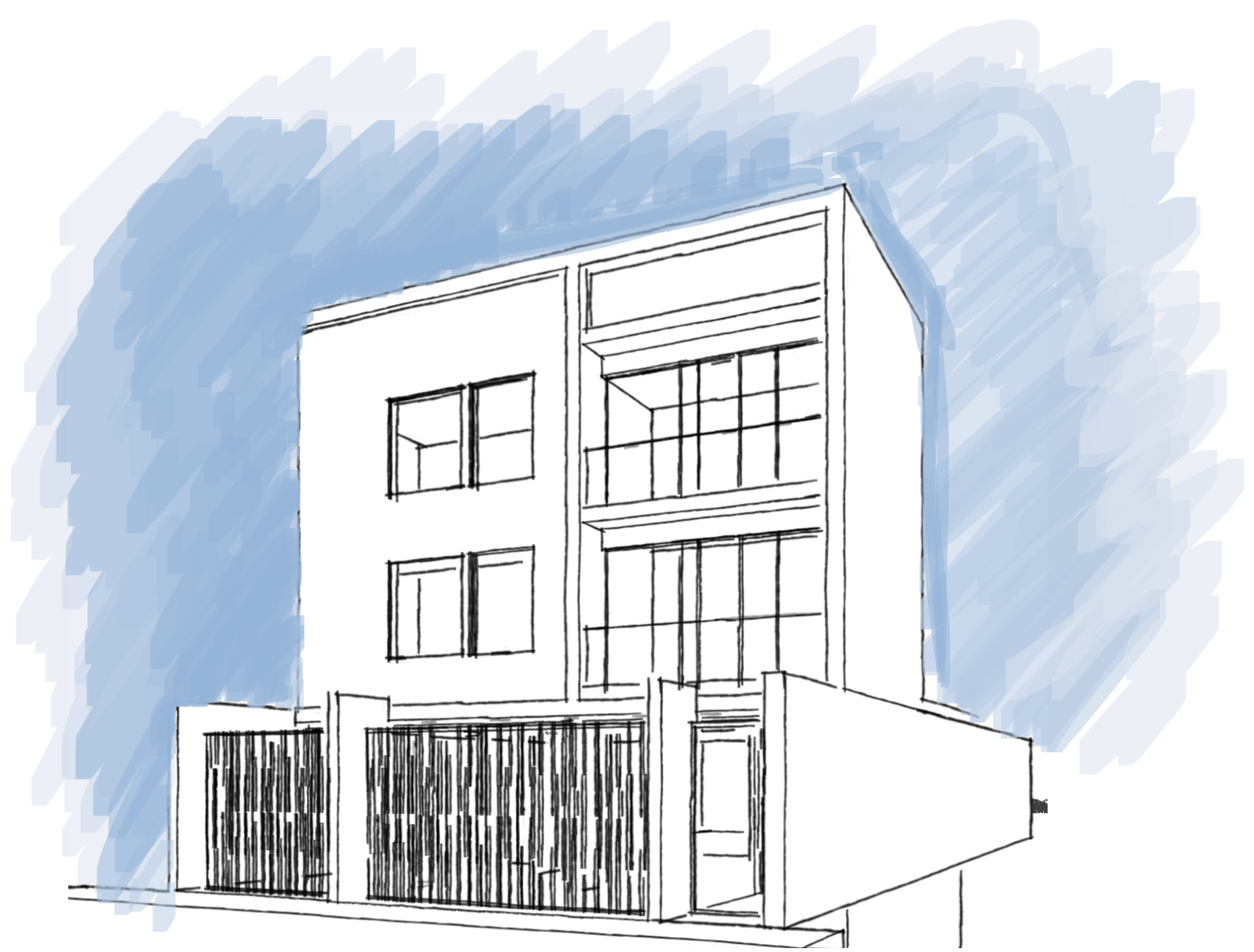 Un dibujo de un edificio con un cielo azul de fondo.