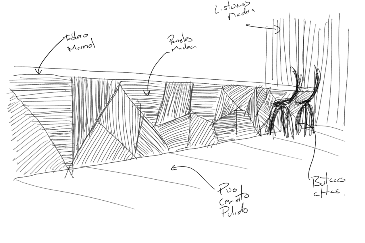 Un dibujo en blanco y negro de una habitación con una mesa y sillas.