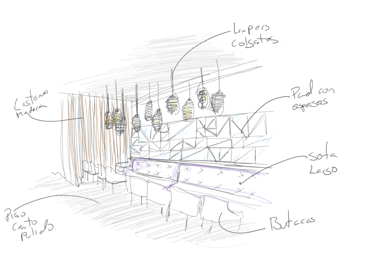 Un dibujo en blanco y negro de una habitación con una mesa y sillas.