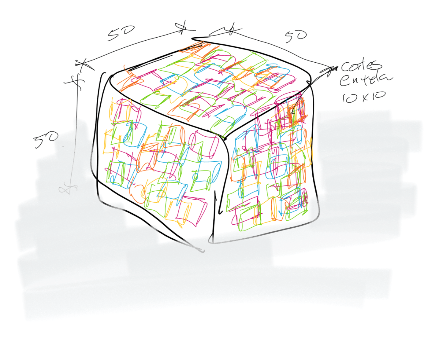 Un dibujo de un cubo colorido con medidas en él.