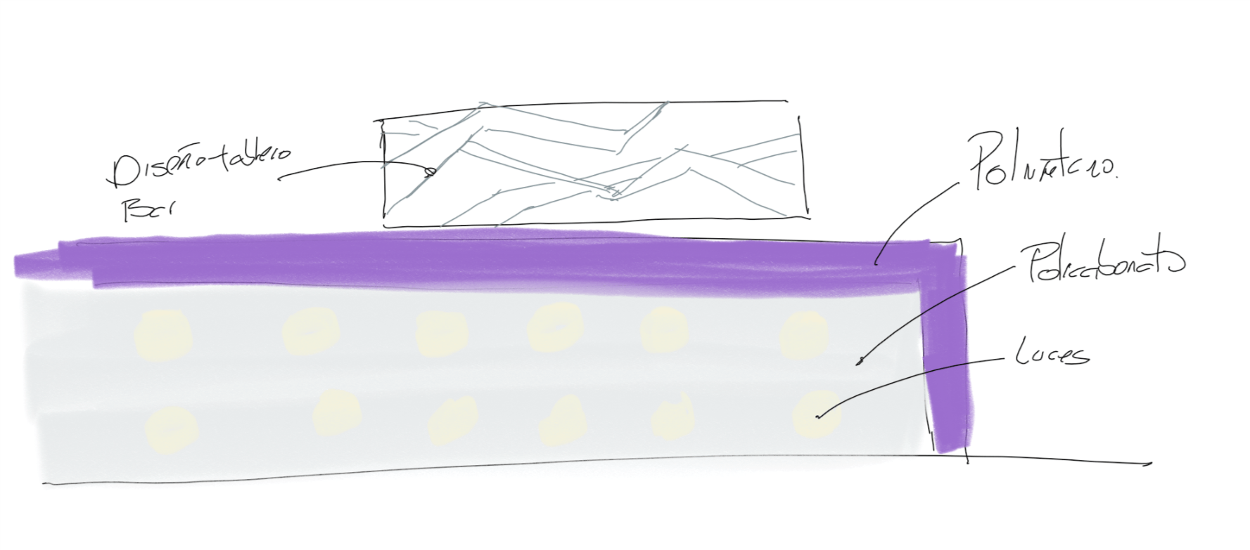 Un dibujo de una superficie morada y blanca con un borde morado.