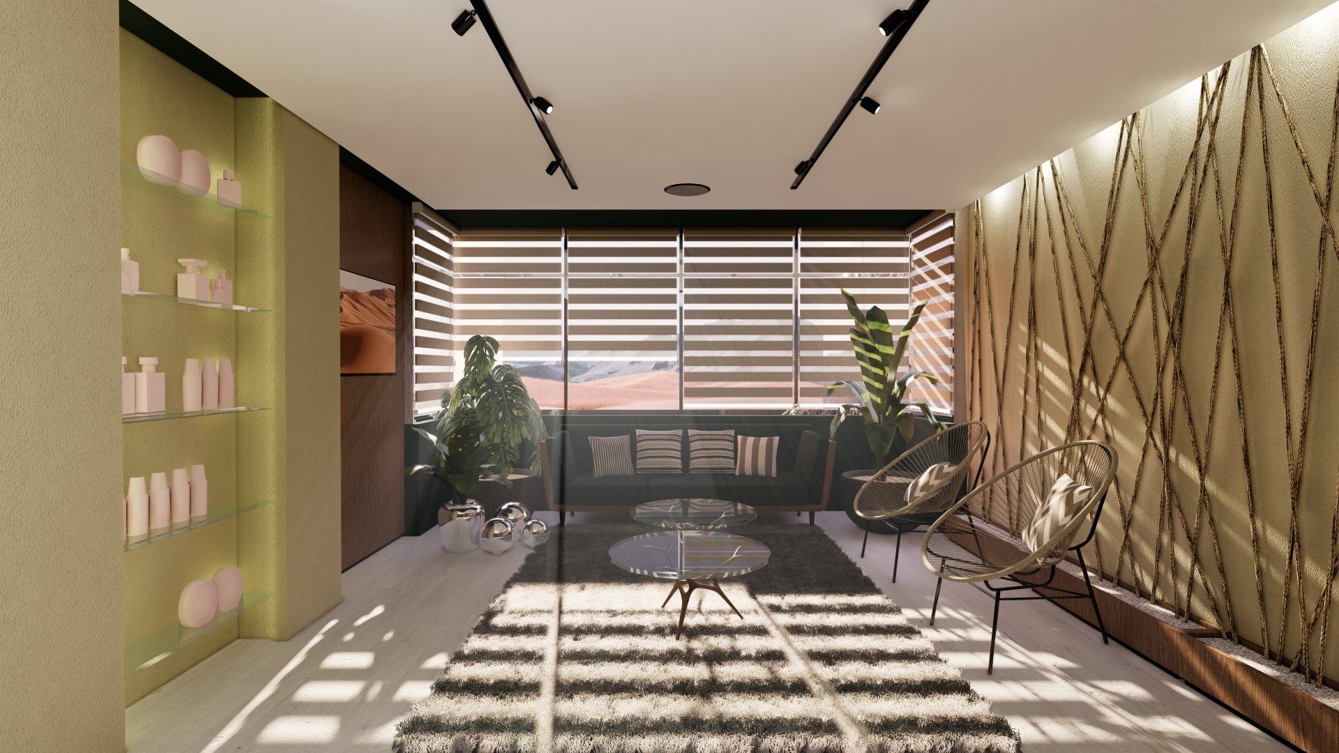 Una sala de estar con un sofá, sillas y una alfombra.