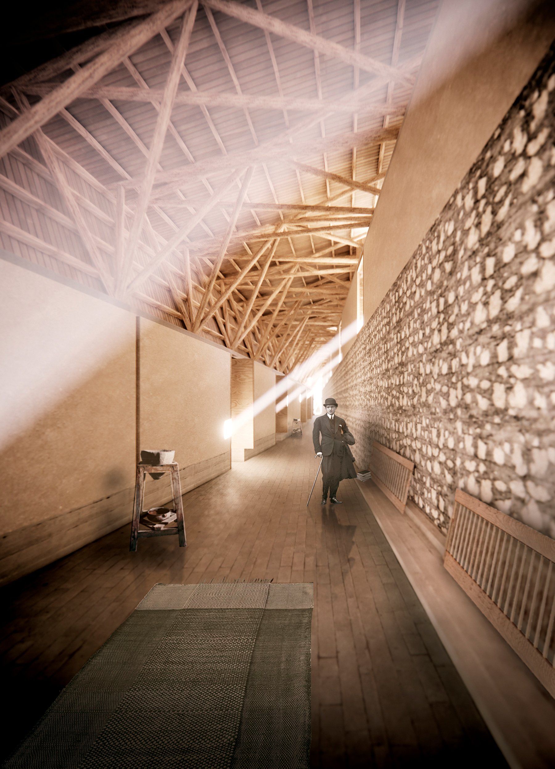 Un hombre camina por un largo pasillo en un edificio.