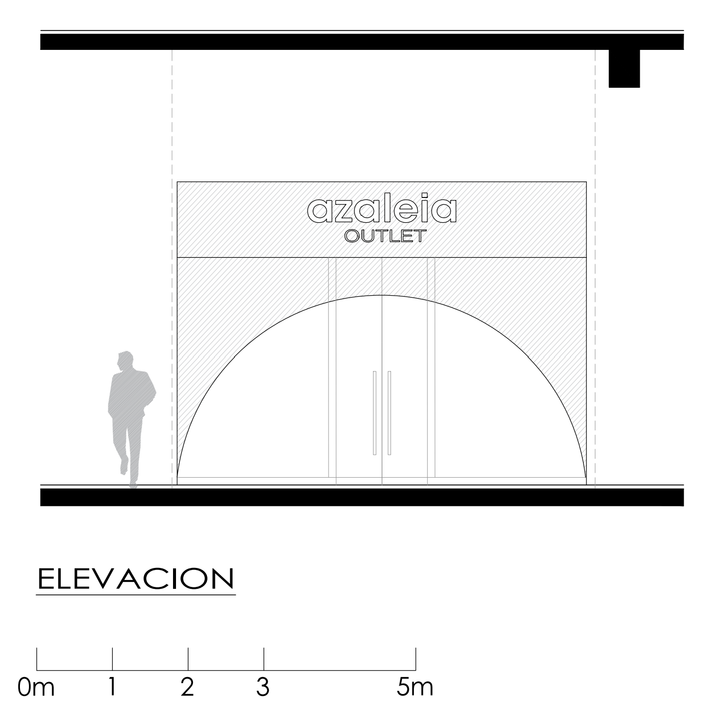Un dibujo en blanco y negro del frente de una tienda con un hombre parado frente a ella.