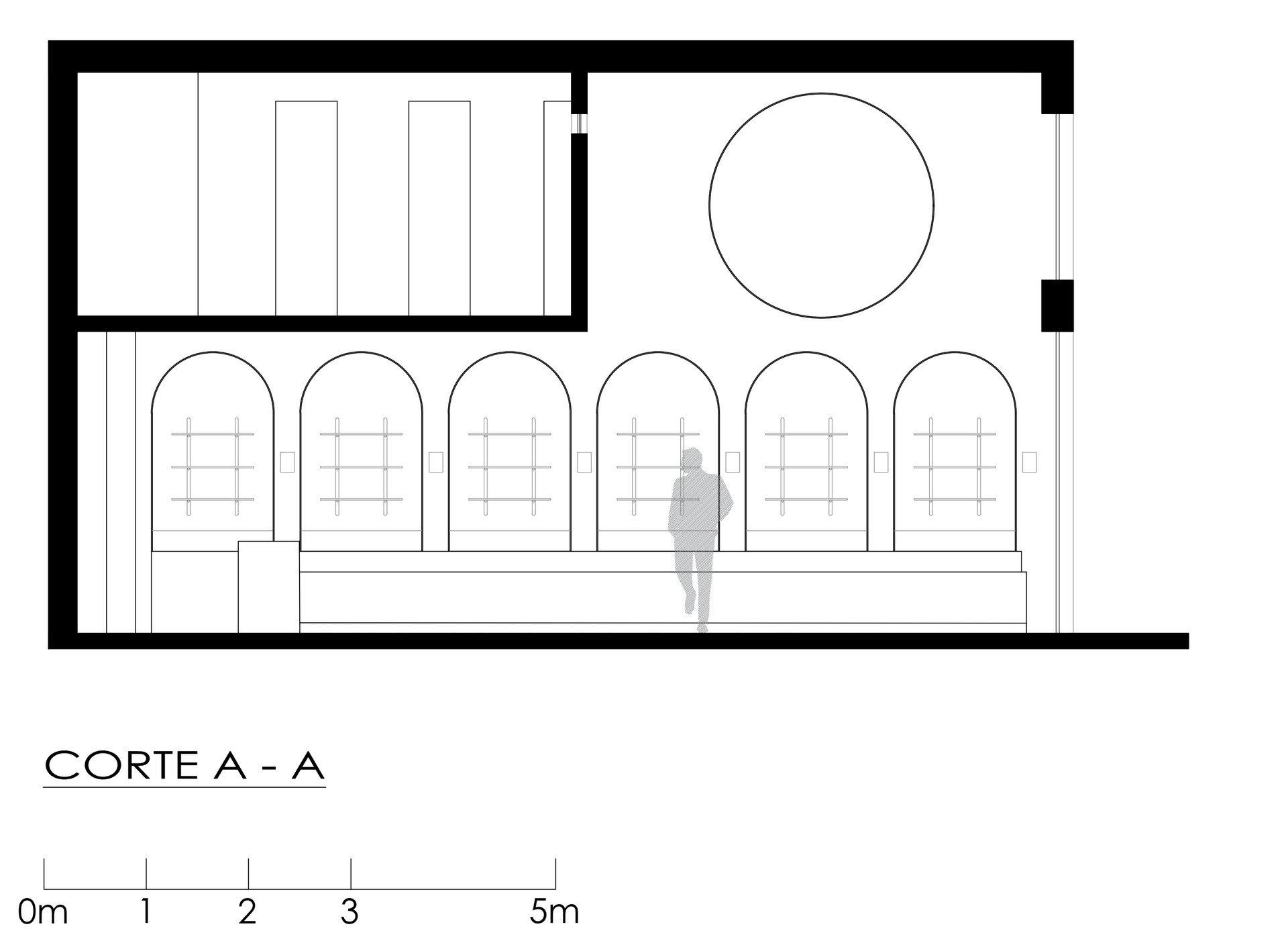 Un dibujo en blanco y negro de una habitación con una persona parada en ella.