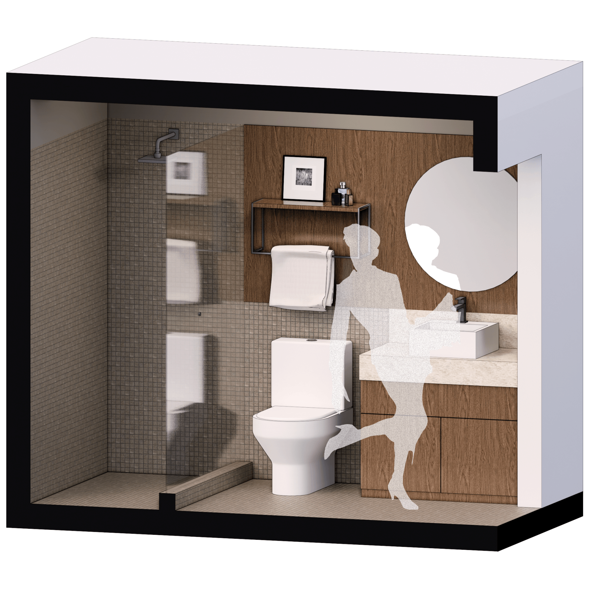 Un modelo 3D de un baño con inodoro, lavabo, espejo y ducha.