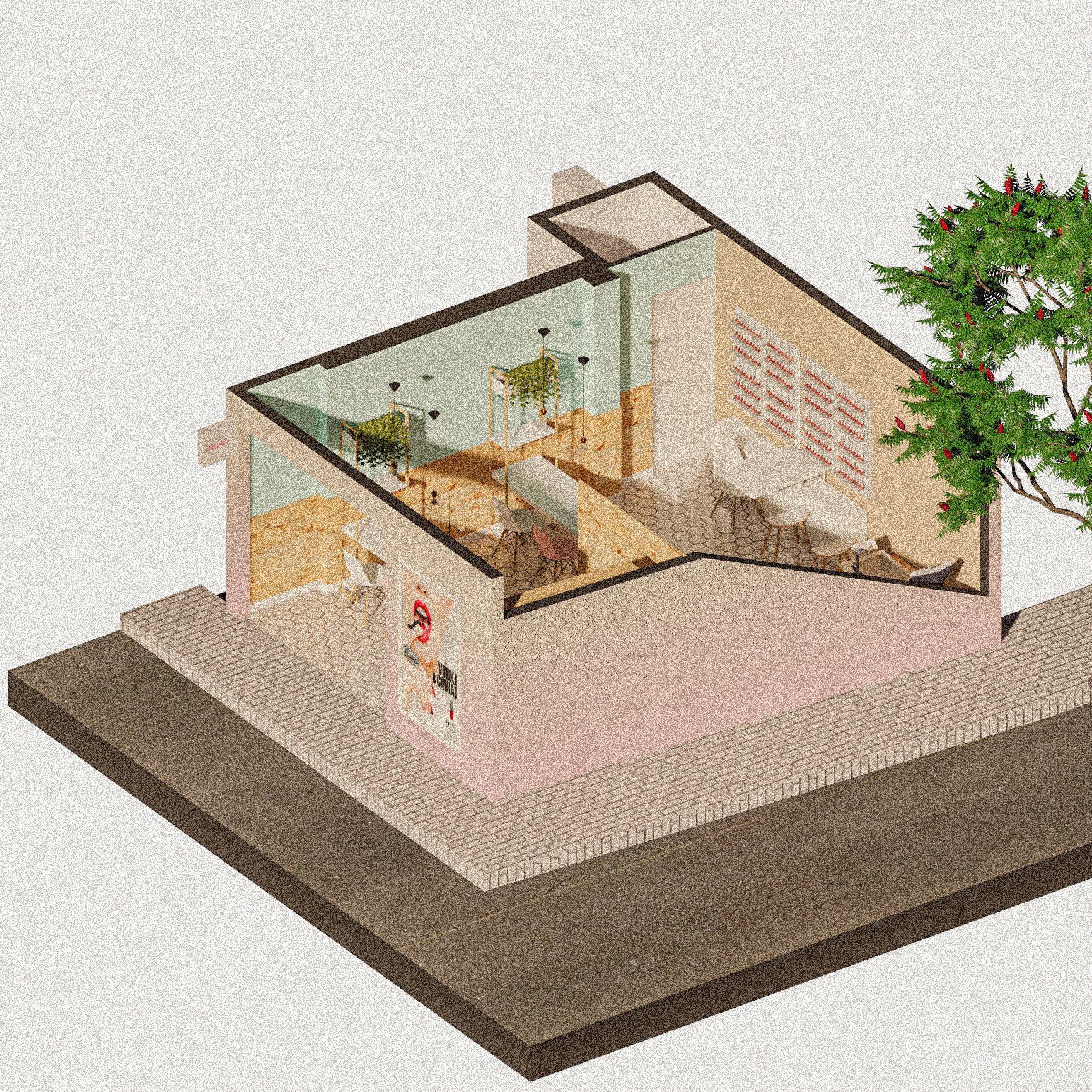 Una vista isométrica de una casa con un árbol al fondo.