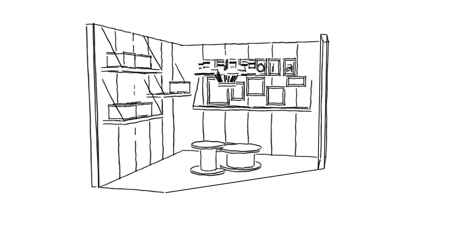 Un dibujo en blanco y negro de una habitación con estantes y una mesa.