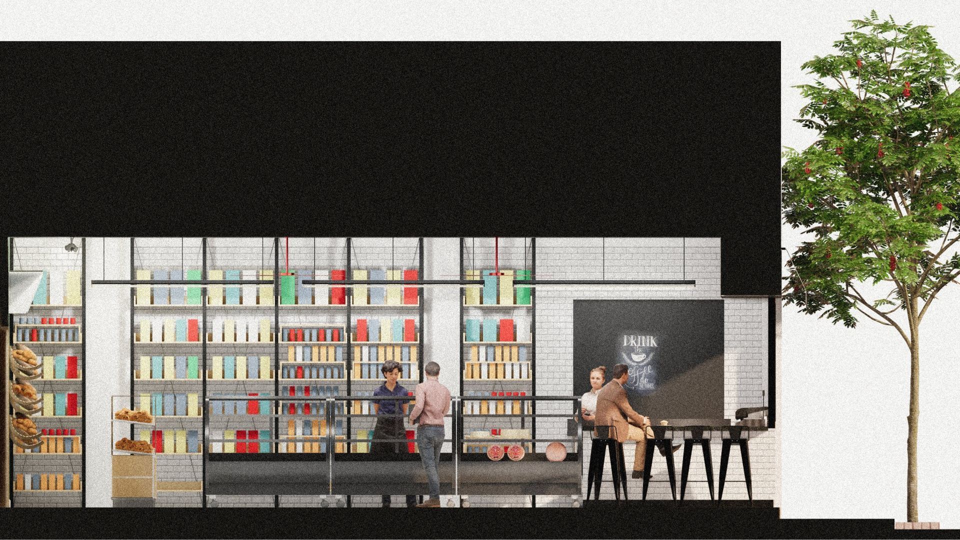 Un dibujo de un edificio con un árbol delante.