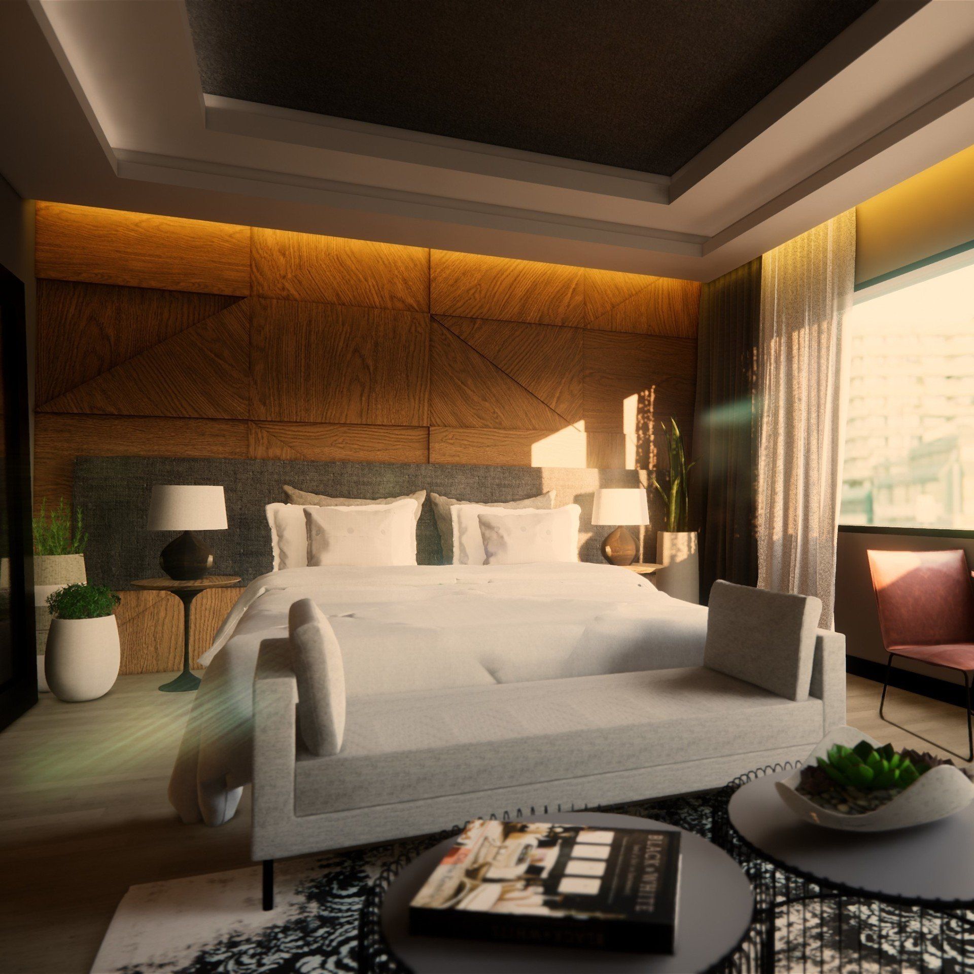 Un dormitorio con una cama grande y un sofá.