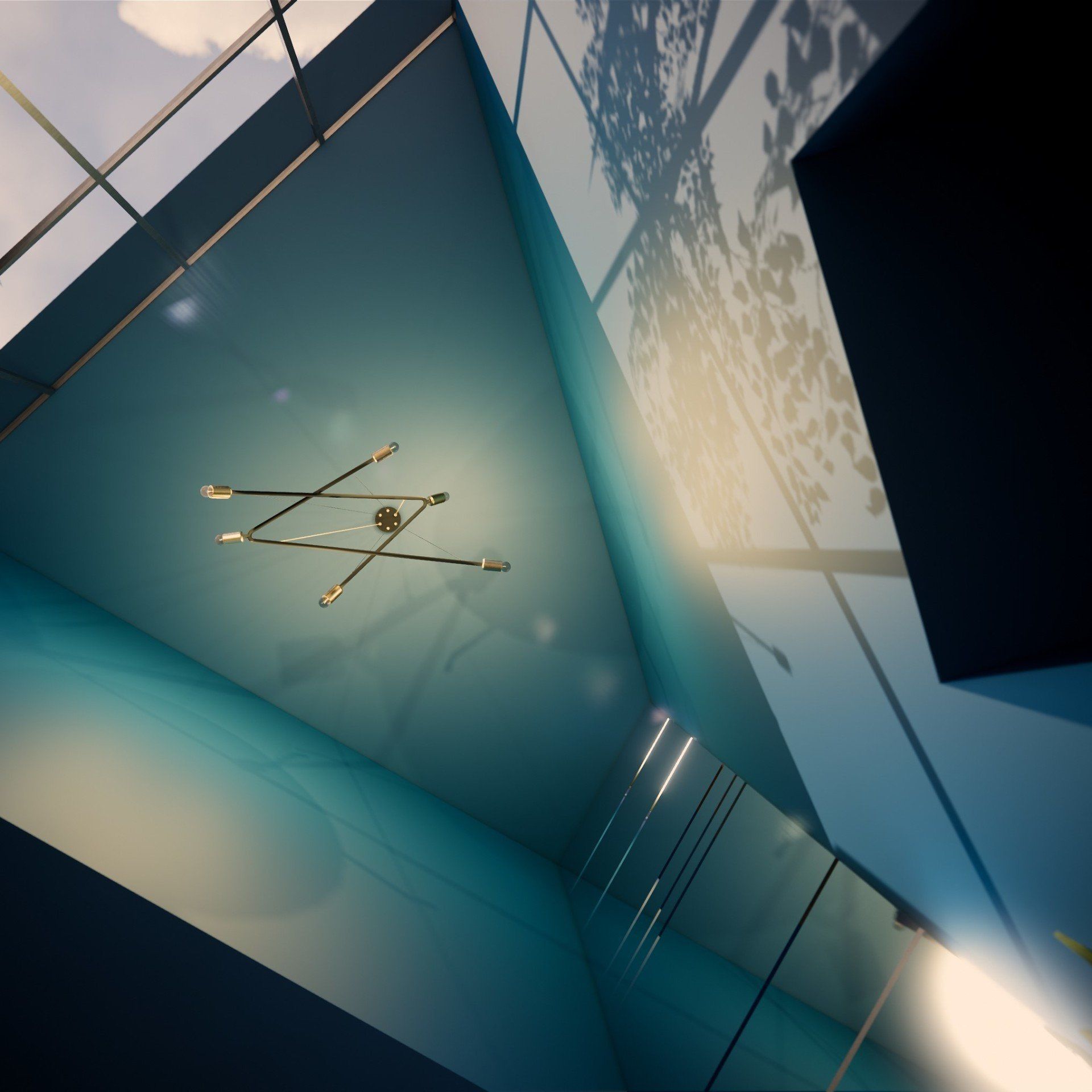 Una habitación azul con una luz colgando del techo.