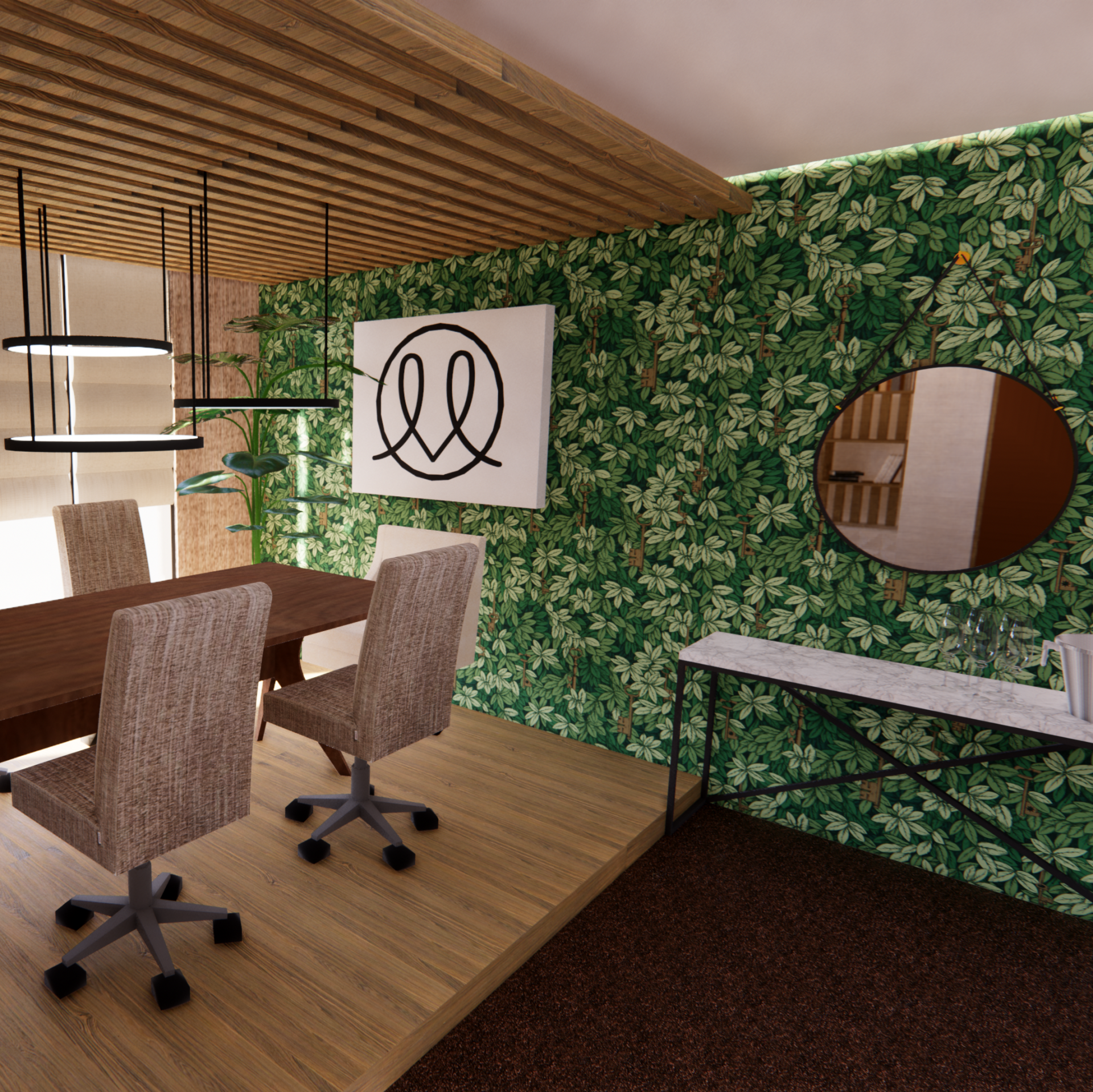 Un comedor con mesa y sillas y una pared verde.