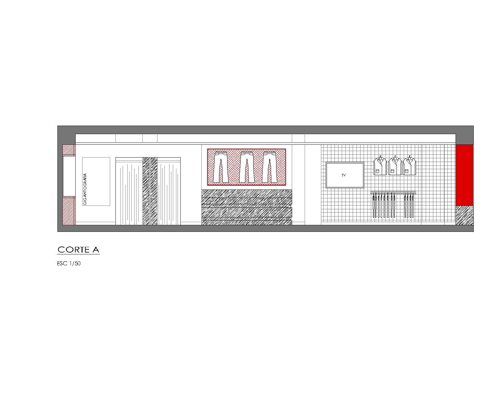 Un dibujo en blanco y negro de una habitación con una raya roja en la pared.