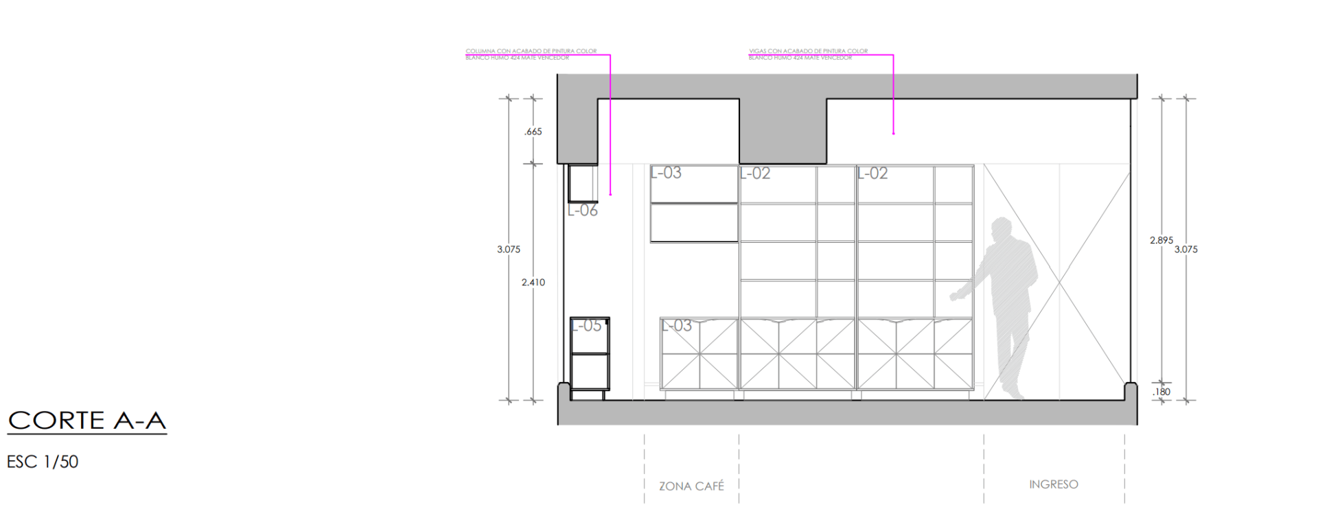 Un dibujo de una habitación con un hombre de pie en ella.