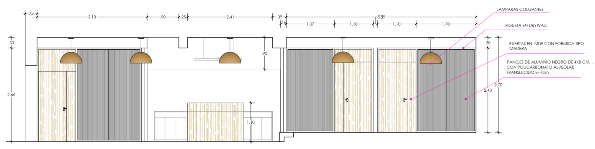 Un dibujo de una habitación con puertas corredizas y luces colgantes.