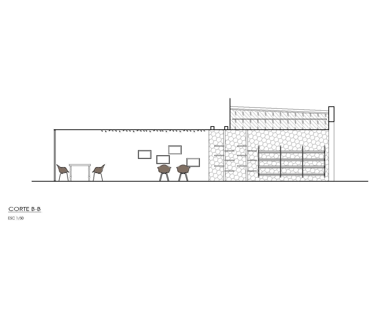 Un dibujo en blanco y negro de un edificio con mesas y sillas.