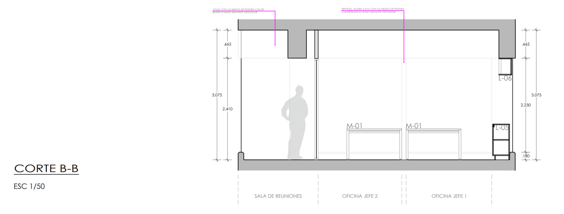 Un dibujo en blanco y negro de una habitación con un hombre de pie en ella.