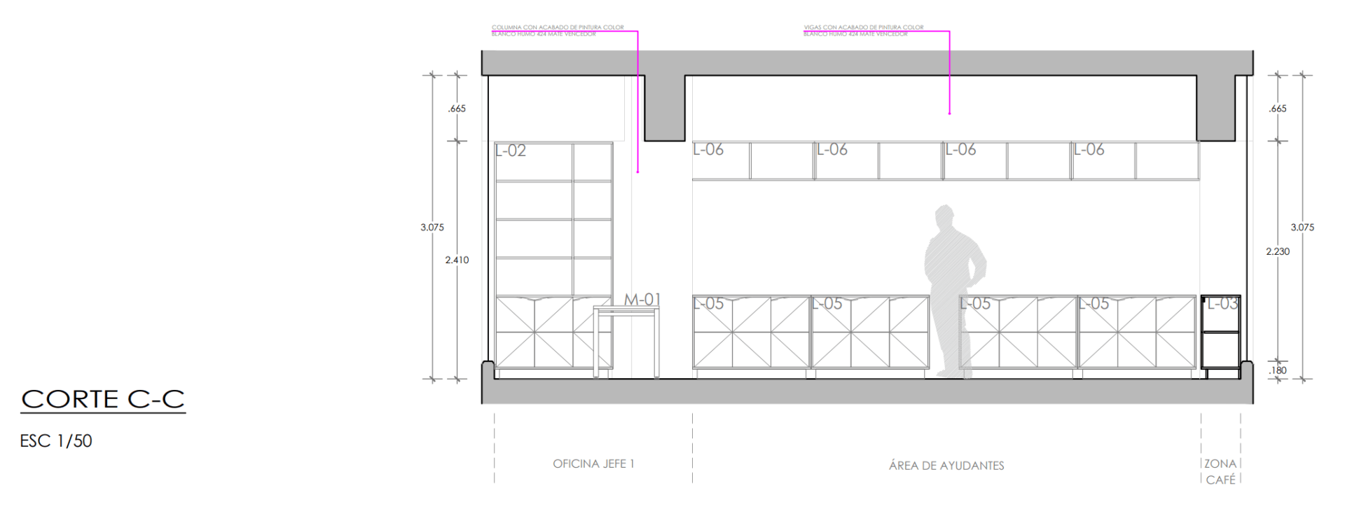 Un dibujo de una habitación con un hombre de pie en ella.
