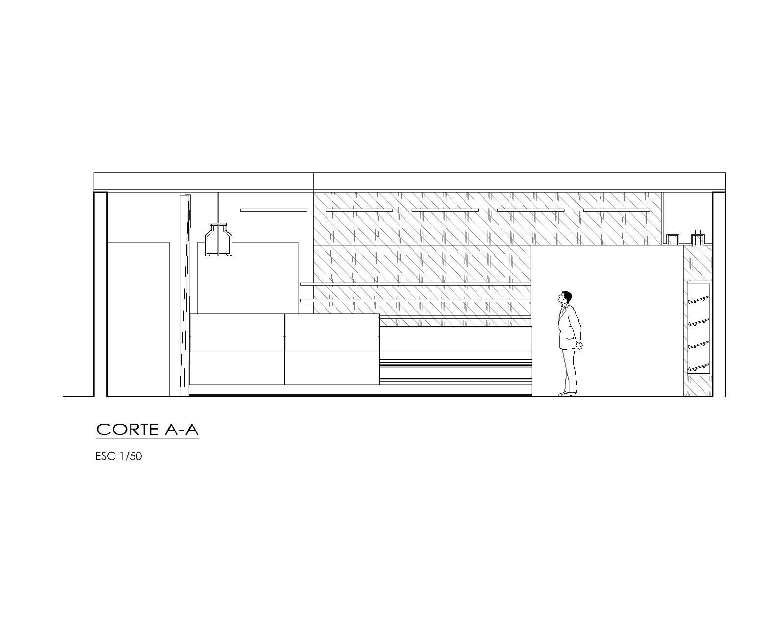Un dibujo en blanco y negro de una habitación con una persona parada en ella.