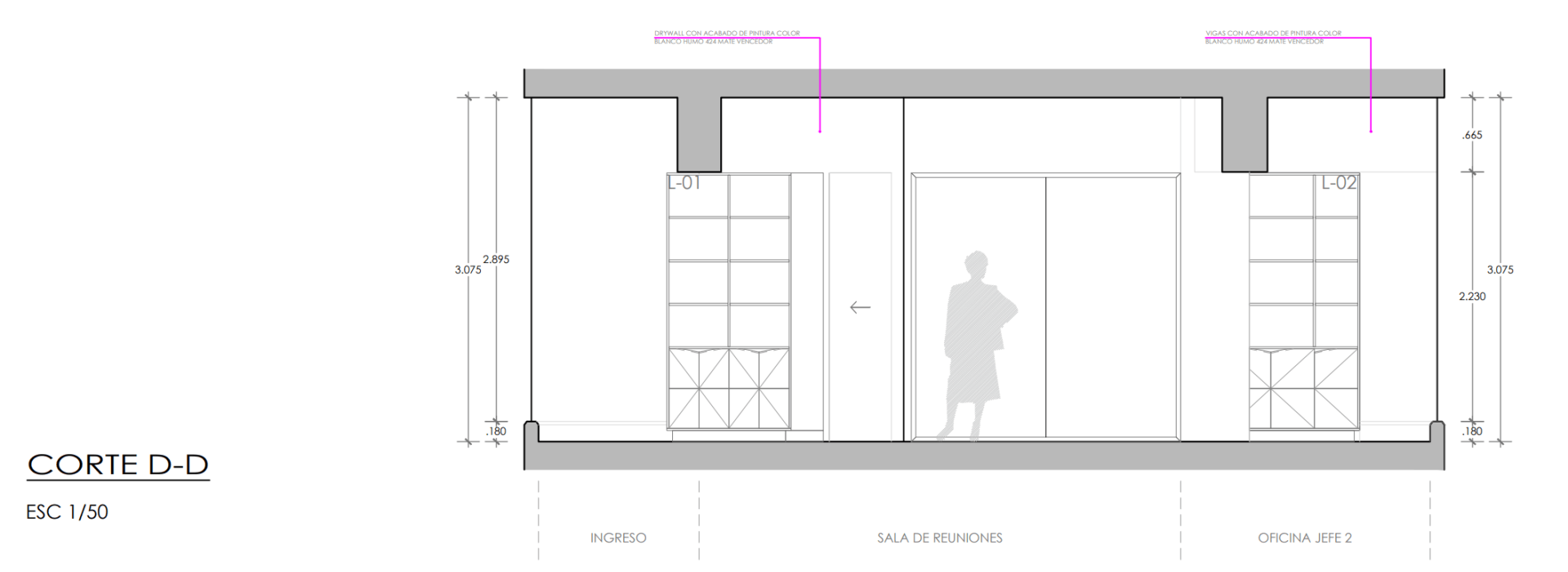 Un dibujo de una habitación con una persona parada en ella.