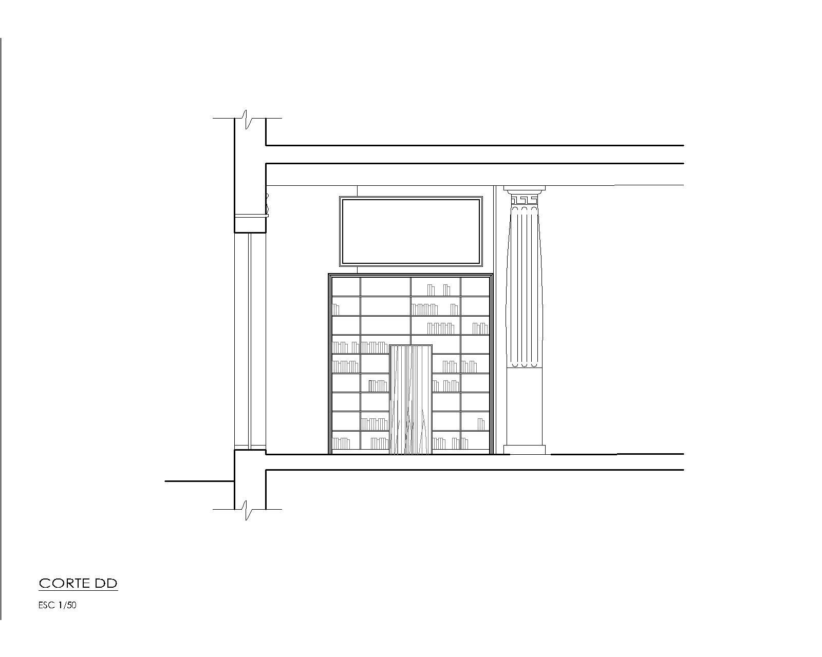 Un dibujo en blanco y negro de una habitación con estantes y una puerta.
