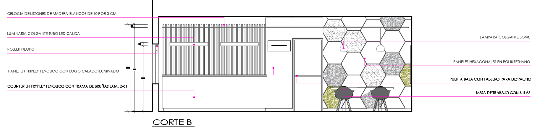 Un dibujo en blanco y negro de una habitación con un patrón de panal en la pared.