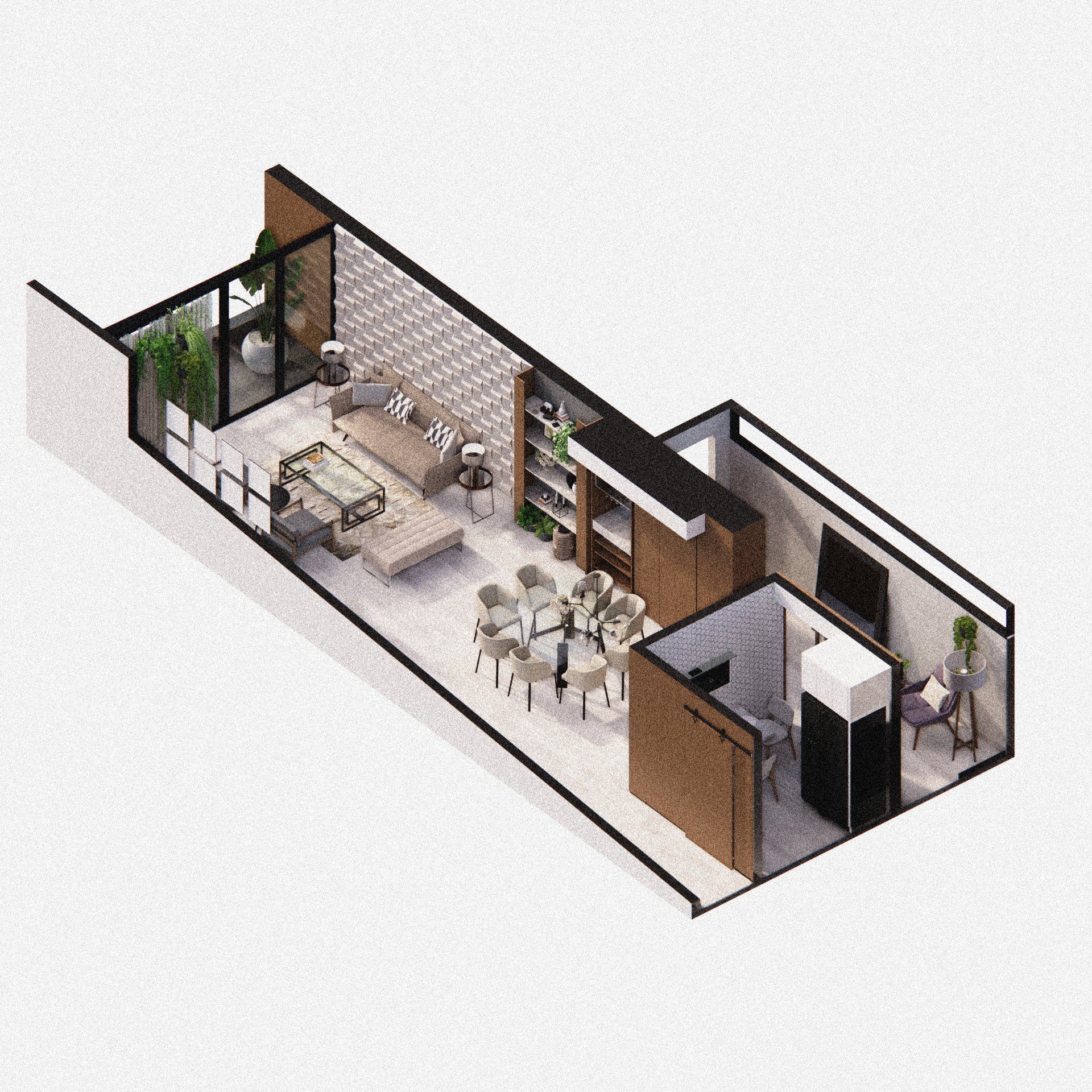 Plano isométrico de una casa con sala y comedor.