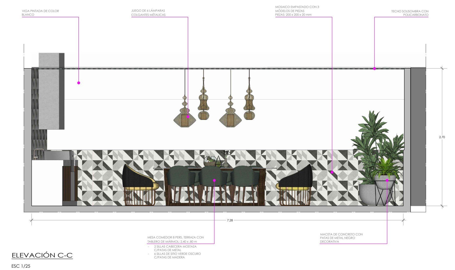 Un dibujo en blanco y negro de una cocina con una encimera de azulejos.