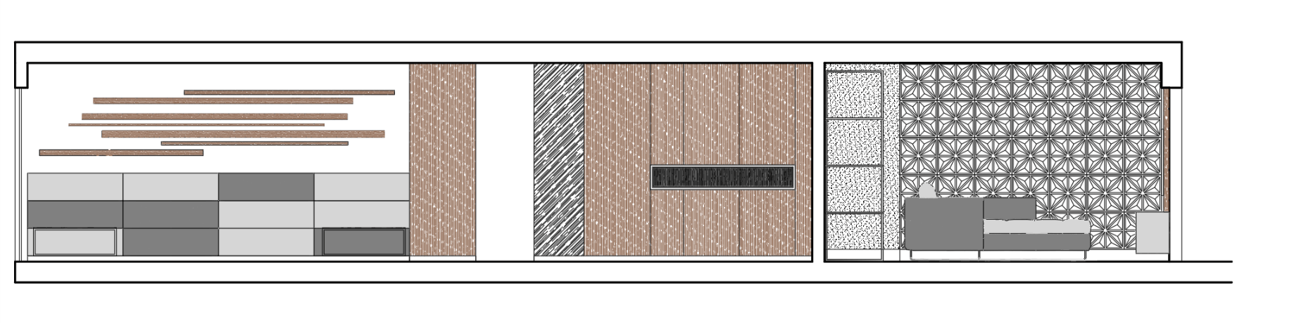 Un dibujo de una habitación con una pared de madera y una pared gris.