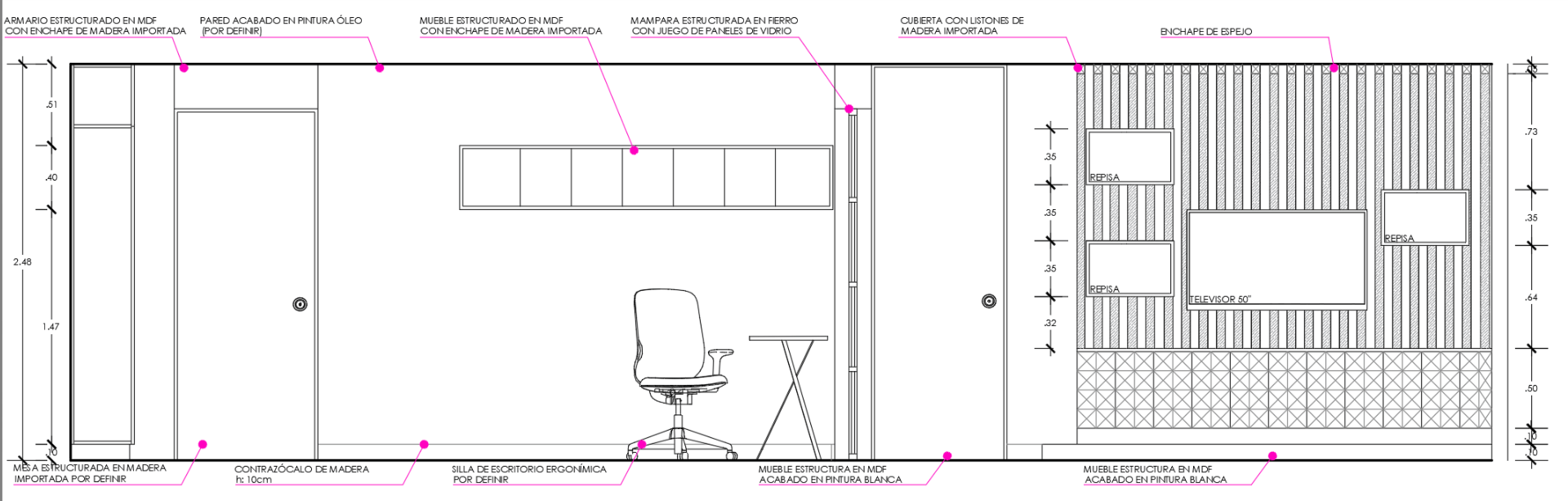 Un dibujo en blanco y negro de una habitación con un escritorio y una silla.