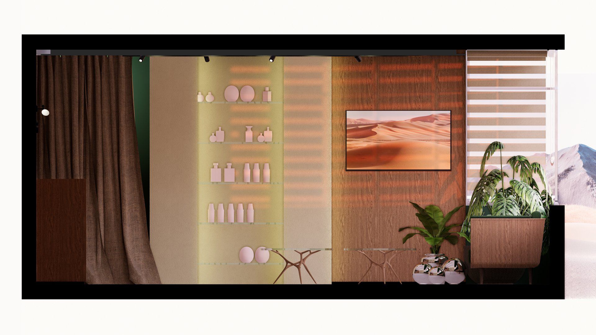 Una imagen generada por computadora de una sala de estar con un televisor en la pared.