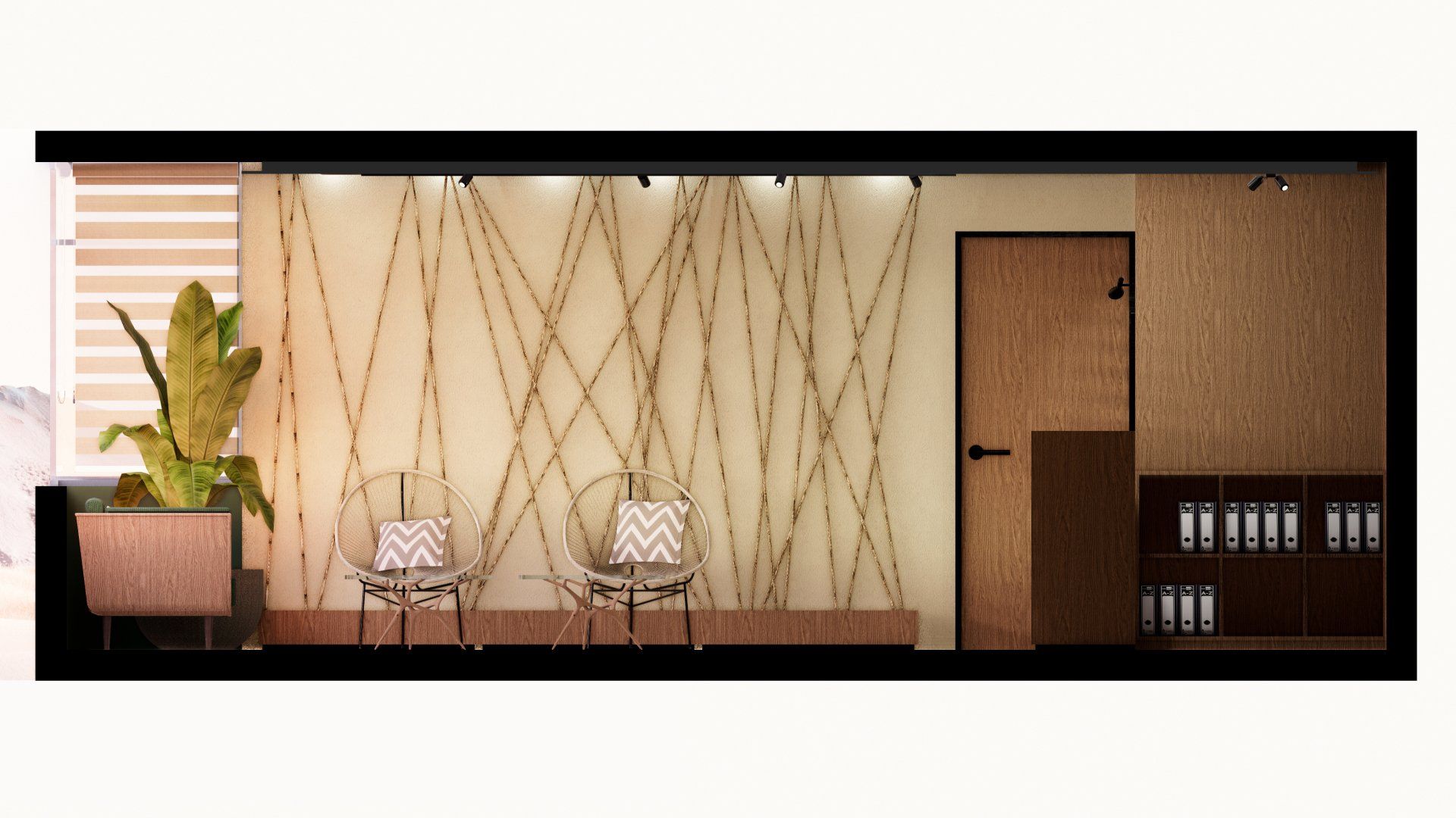 Una imagen generada por computadora de una sala de espera con sillas y una puerta.