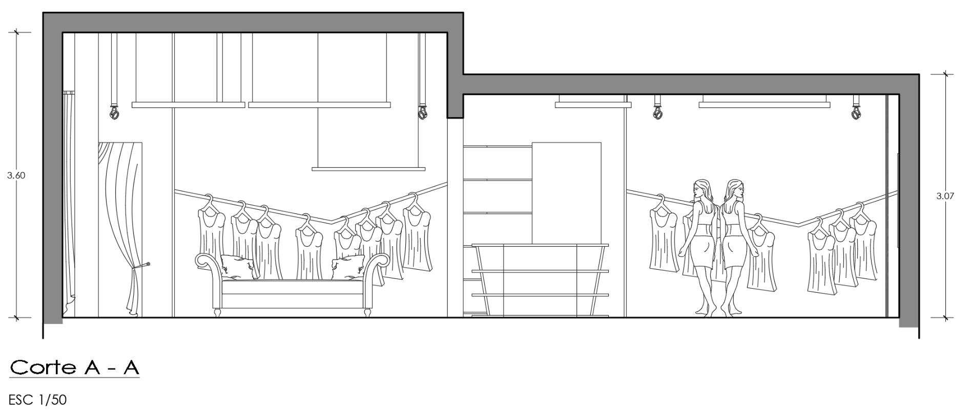 Un dibujo en blanco y negro de una habitación con ropa colgada en la pared.