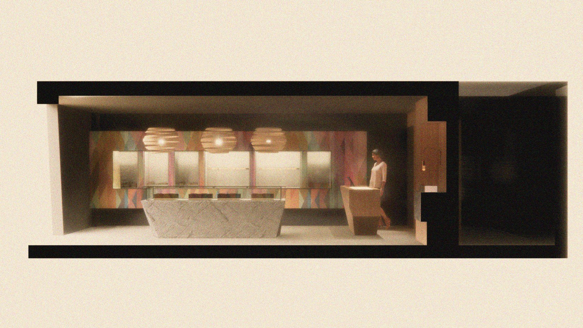 Un dibujo de una habitación con una mujer sentada en una silla.