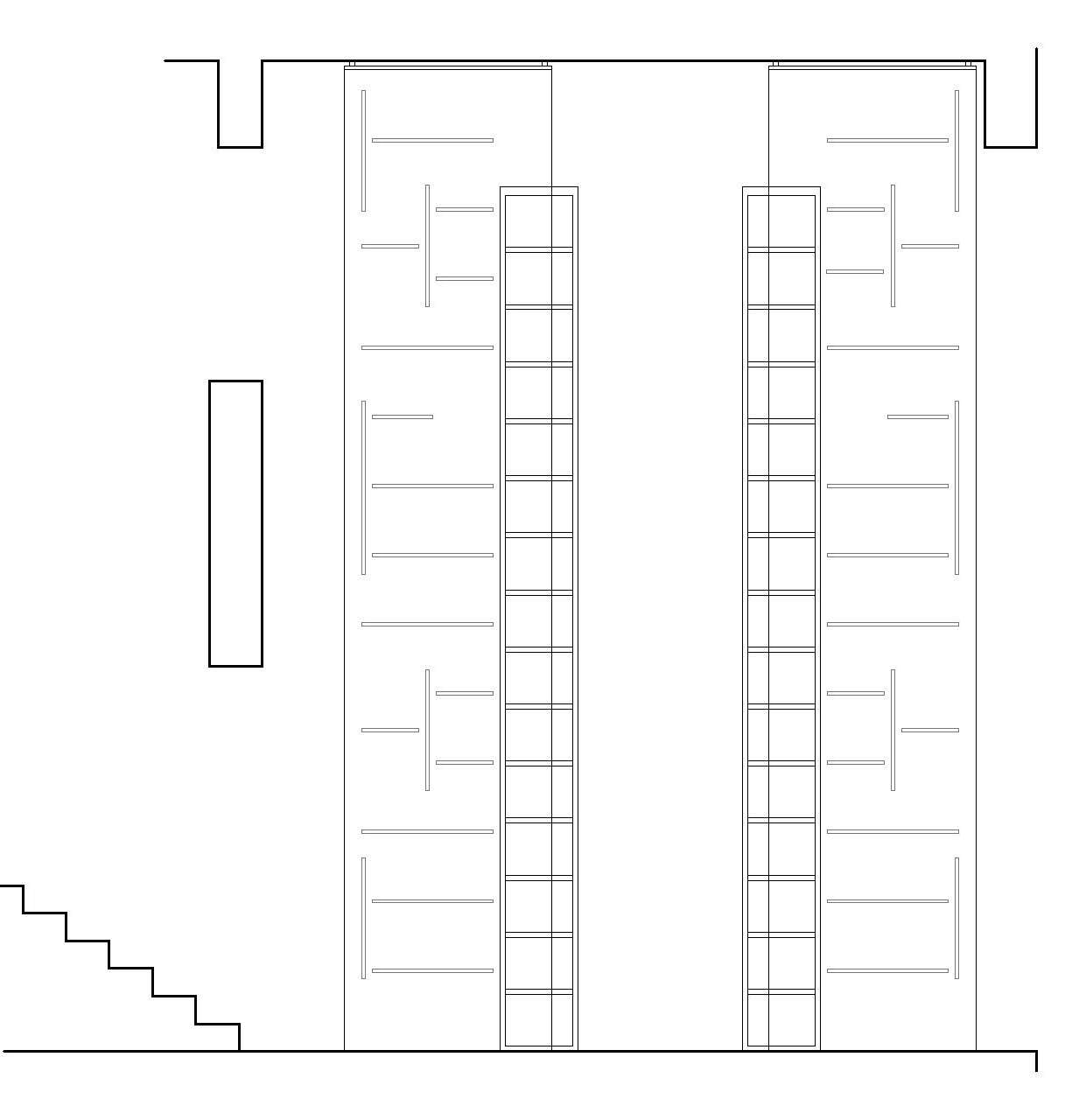 Un dibujo en blanco y negro de un edificio con escaleras.