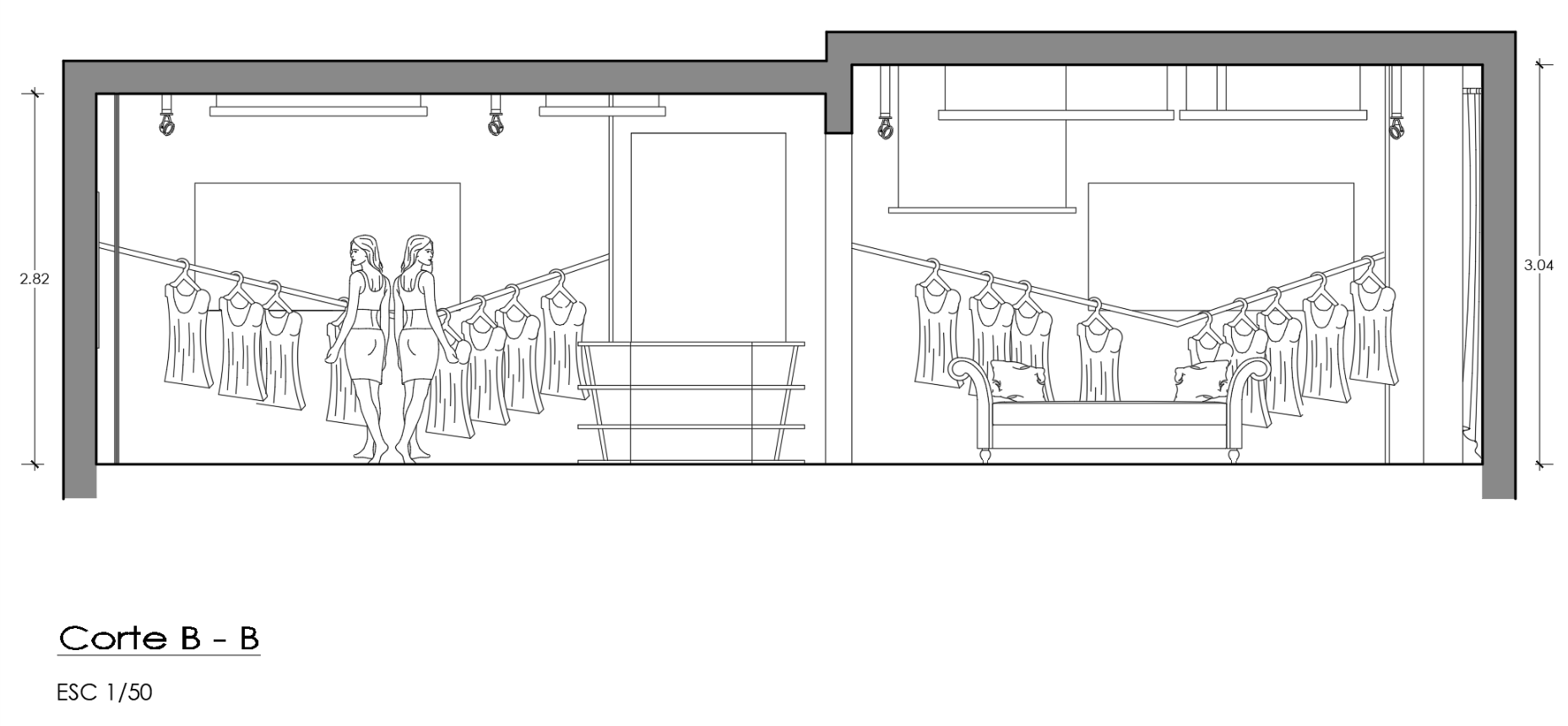 Un dibujo en blanco y negro de una habitación con ropa colgando del techo.